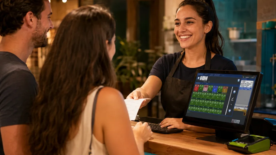 Clientes sendo atendidos no caixa com o sistema Click