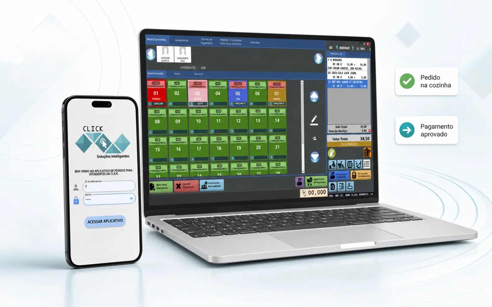 Notebook com o sistema de mesas Click e celular com o aplicativo Click Order